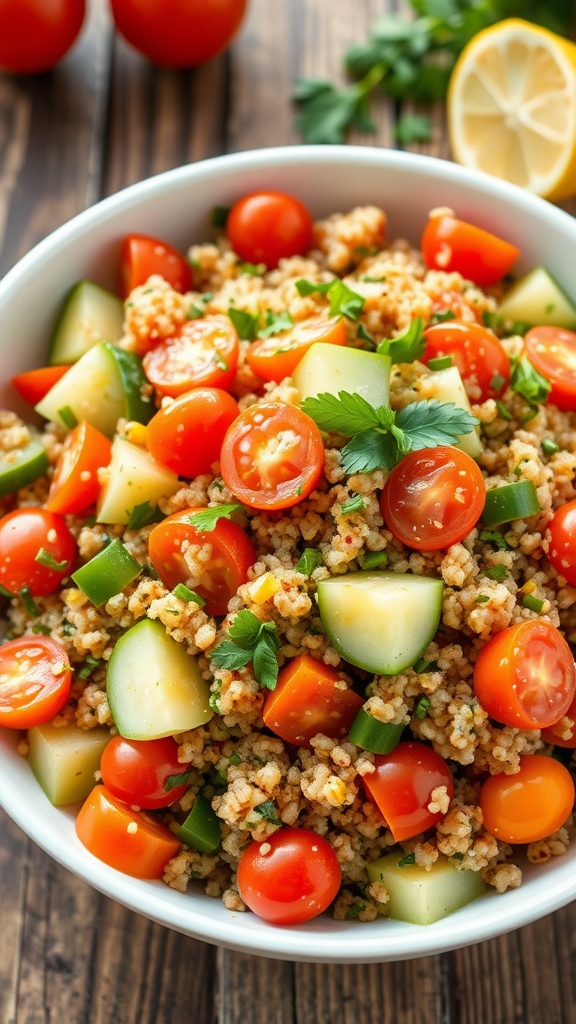 Colorful quinoa salad with cherry tomatoes, cucumber, bell peppers, and parsley in a white bowl on a rustic table.